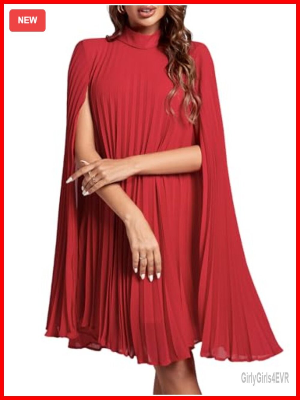 Mock Neck Pleated Cloak Sleeve Midi Party Dress